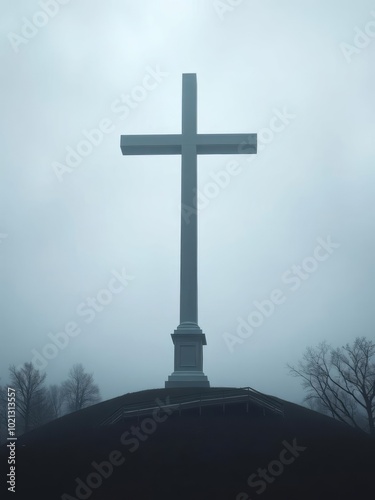 A giant white cross stands tall among the treetopss on monteagle mountain on a cold foggy evening at university of the south in sewanee tennessee halloween backdrop photo