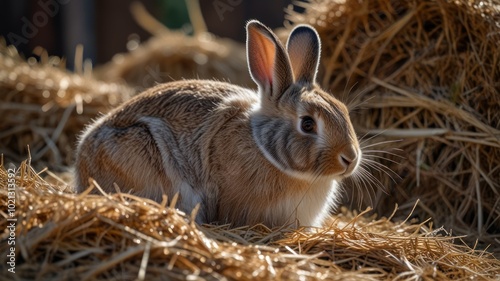 A brown rabbit sits in a pile of hay, looking to the right.