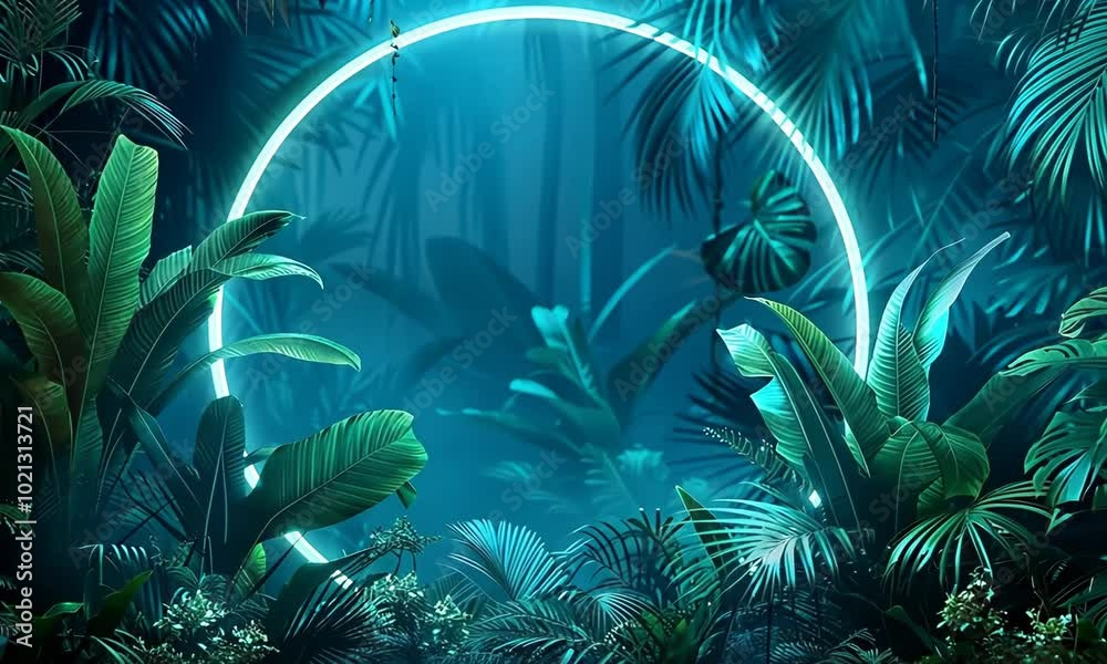 A neon green circle is surrounded by lush green foliage Video