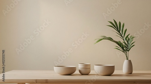Wallpaper Mural A simple Scandinavian-style dining table made of light oak, featuring minimalist ceramic tableware and a single green plant, set against a neutral beige backdrop Torontodigital.ca