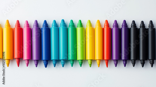 A row of colored crayons are lined up in a row