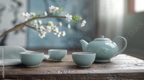 Traditional Tea Ceremony with a Teapot and Cups on a Wooden Table