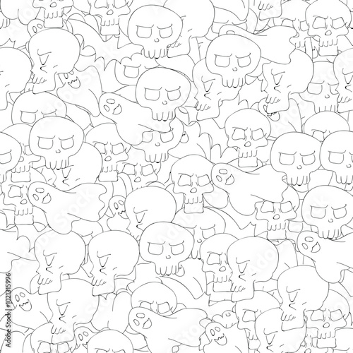 Hand Drawn Happy Halloween Seamless Pattern black and white background. Pumpkin, Ghost, Bat, Skull Sketch style monochrome vector Wallpaper