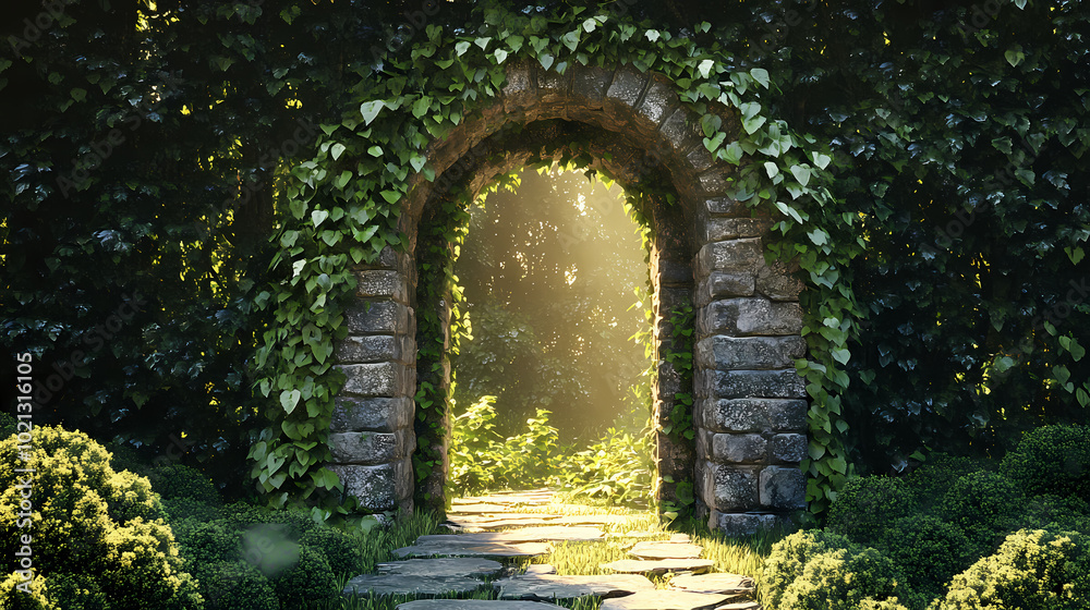 Obraz premium Fantasy stone archway portal covered in creepers ancient magical gate to another dimension digital art. Portal to Another Dimension. Illustration