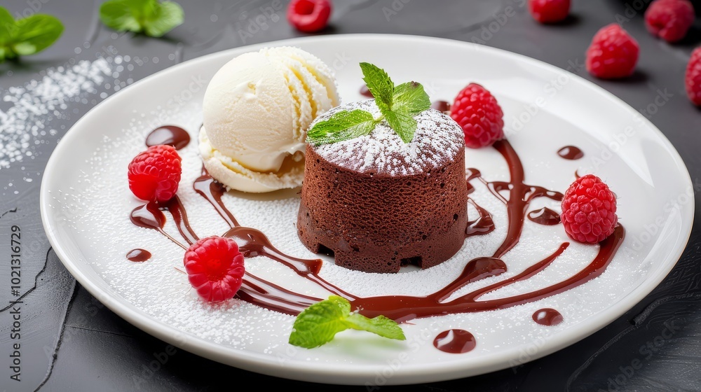 Decadent chocolate lava cakes with ice cream on a white plate Decadent chocolate lava cakes with ice cream on a white plate