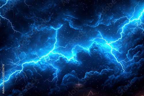 Lightning Bolts Striking Through Blue Clouds and Stars