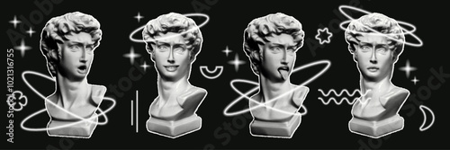 Set of vintage statues in halftone style. Cut-out retro elements mixed with soft geometric shapes in the Y2K style.