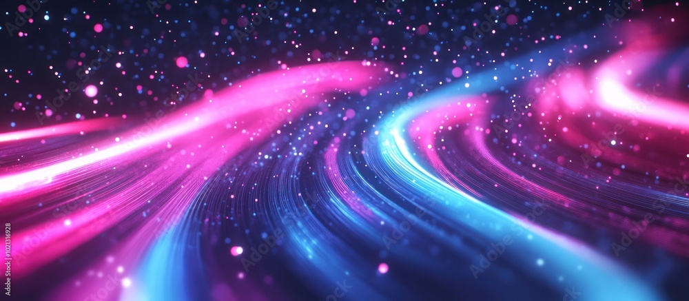 Obraz premium Abstract digital waves in vibrant pink and blue tones with sparkling particles.