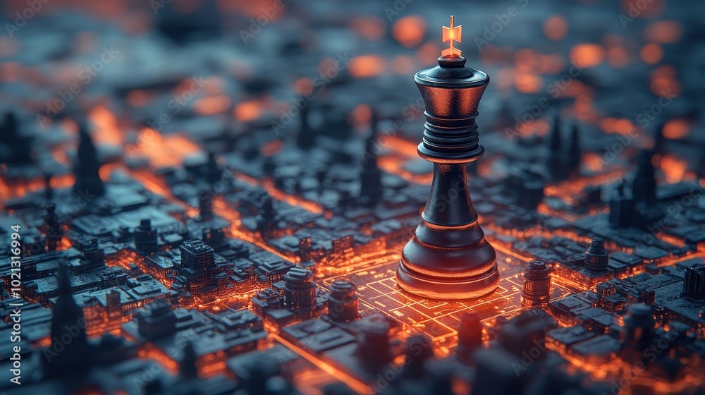 A digital chess piece dominates a futuristic cityscape, illuminated with vibrant orange lights, blending strategy with a sci-fi aesthetic. A digital chess piece dominates a futuristic cityscape, illuminated with vibrant orange lights, blending strategy with a sci-fi aesthetic.