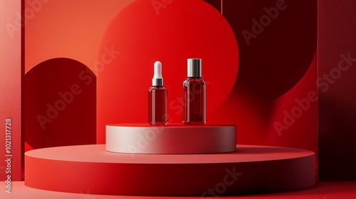 Abstract minimalist design featuring a red color scheme. The 3D-rendered podium is perfect for showcasing cosmetics or other products. Its clean lines