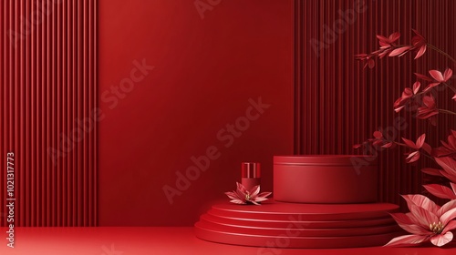 Abstract minimalist design featuring a red color scheme. The 3D-rendered podium is perfect for showcasing cosmetics or other products. Its clean lines