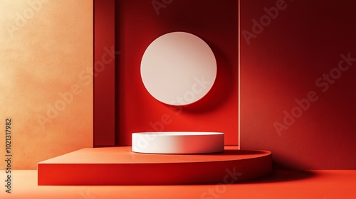 Abstract minimalist design featuring a red color scheme. The 3D-rendered podium is perfect for showcasing cosmetics or other products. Its clean lines