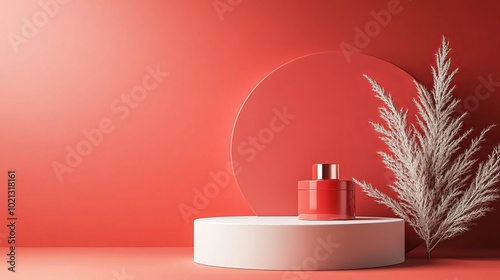 Abstract minimalist design featuring a red color scheme. The 3D-rendered podium is perfect for showcasing cosmetics or other products. Its clean lines