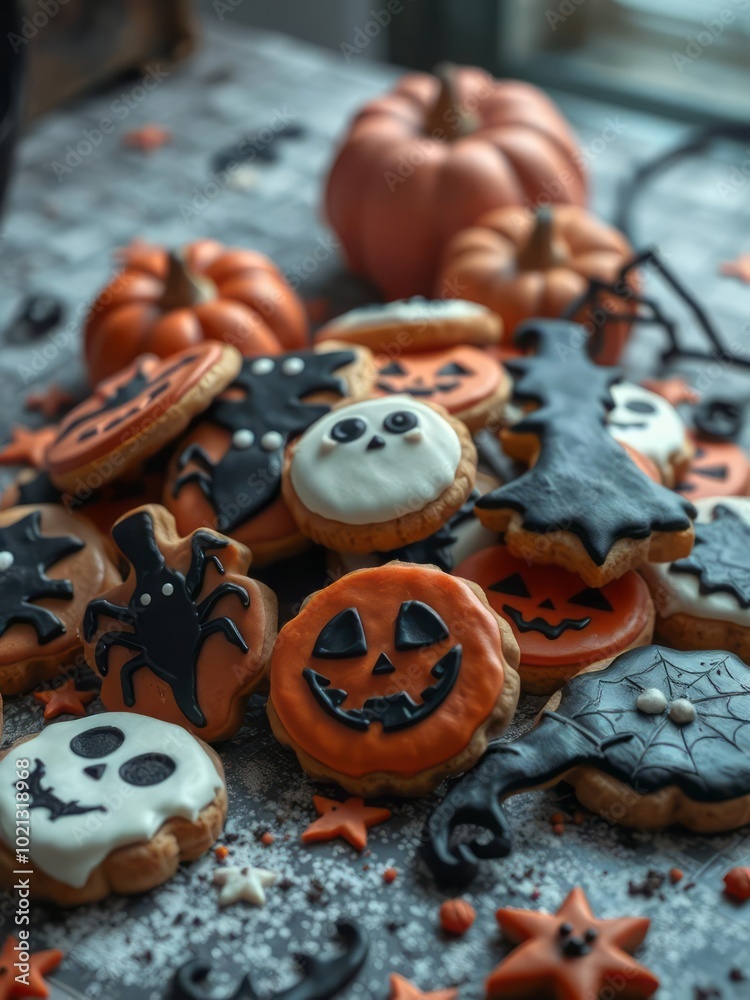 A pile of halloween themed cookies on a table halloween backdrop A pile of halloween themed cookies on a table halloween backdrop