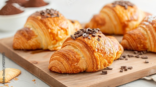 Chocolate croissants on a bakery counter with natural lighting