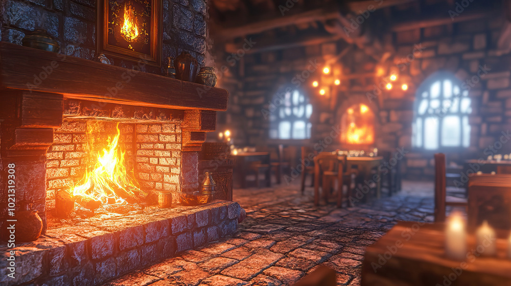 Cozy and Warm Fireplace Set Within an Inviting Stone Tavern Interior Atmosphere Cozy and Warm Fireplace Set Within an Inviting Stone Tavern Interior Atmosphere
