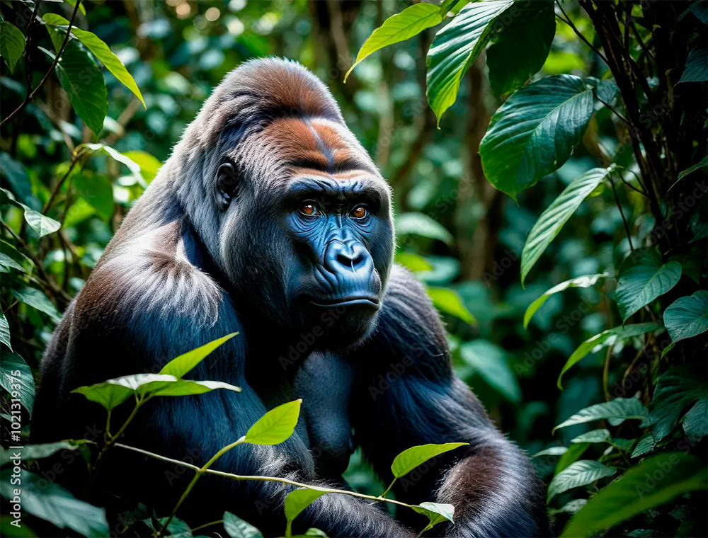 Fototapeta premium Intense portrait of a gorilla amid lush jungle foliage 