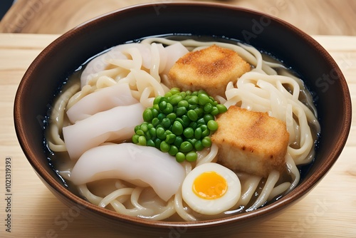 A steamy bowl of kake udon simple yet comforting topped with green onions and a slice of kamaboko, Ai Generated photo