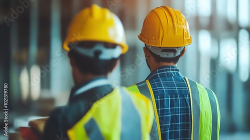 Construction workers in safety gear at site.