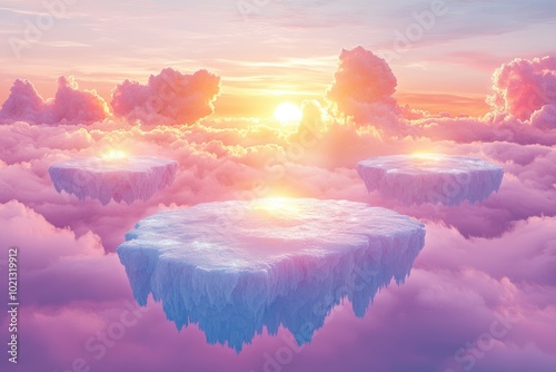 Three Ice Platforms Floating Above Pink Clouds During Sunset photo