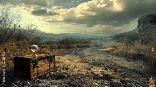 Amidst a desolate wasteland, a wooden chest rests upon a deserted road. Within its confines lies a sandglass poised at its inception, marking an interminable passage of time. 
