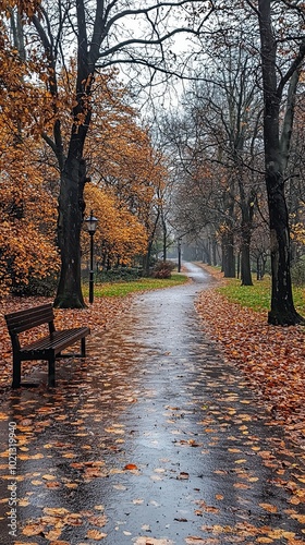 A rain-drenched winding path with rows of trees donning bright orange leaves that line the path, inviting a serene walk amidst nature's quiet beauty. photo