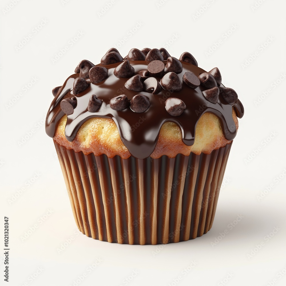 A close-up rendering of a muffin with a chocolate topping, showcasing its texture and chocolate chips, isolated on a plain white background A close-up rendering of a muffin with a chocolate topping, showcasing its texture and chocolate chips, isolated on a plain white background