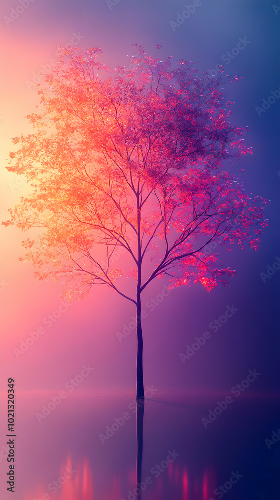 A Single Tree Stands Tall Against a Vibrant Pink and Purple Sunset, Reflected in the Still Waters Below, Creating a Serene and Dreamlike Atmosphere A Single Tree Stands Tall Against a Vibrant Pink and Purple Sunset, Reflected in the Still Waters Below, Creating a Serene and Dreamlike Atmosphere