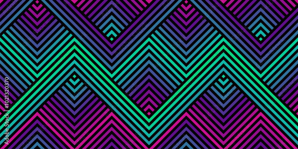 Vector geometric seamless pattern with colorful zigzag lines, stripes, chevron, halftone effect. Abstract sport style urban graphic texture. Trendy background in retro Y2K style. Modern neon gradient