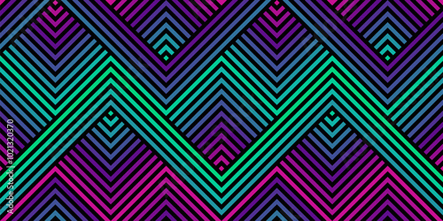 Vector geometric seamless pattern with colorful zigzag lines, stripes, chevron, halftone effect. Abstract sport style urban graphic texture. Trendy background in retro Y2K style. Modern neon gradient