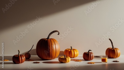 Minimalistic picture for Halloween. Pumpkins on a light background. Play of light and shadow.