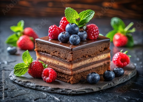 Decadent Pave de Chocolate Dessert with Rich Cocoa Layers and Garnished with Fresh Berries and Mint