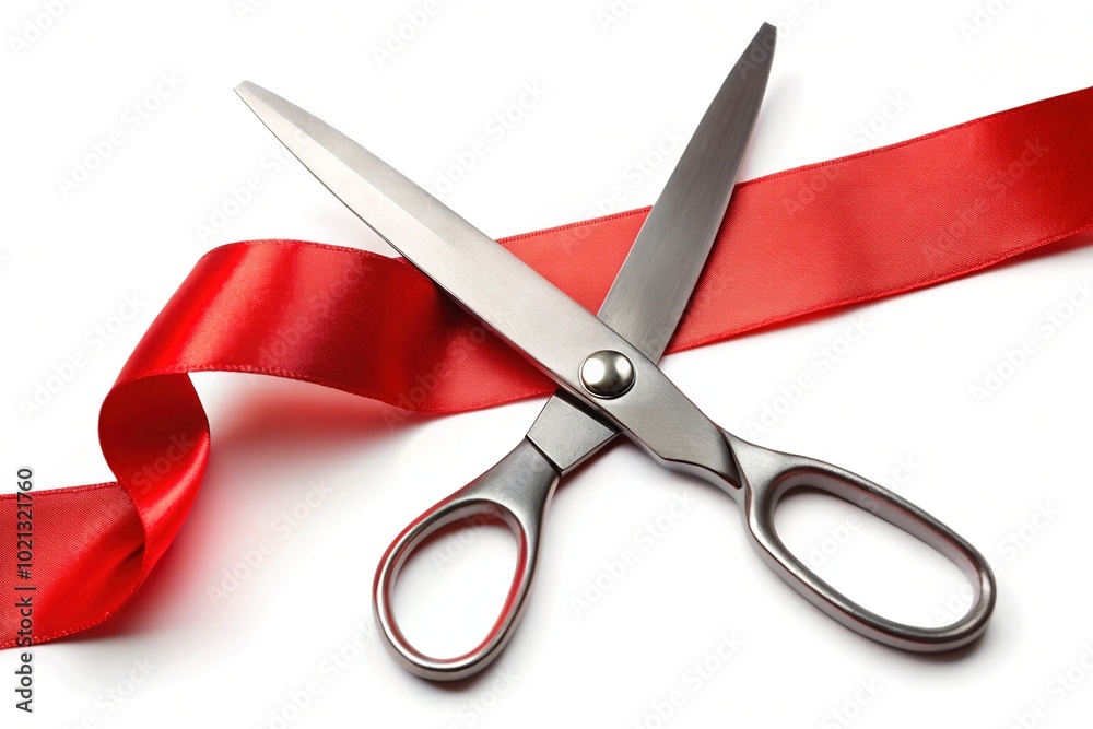 Shiny scissors cutting through a vivid red ribbon on a clean white surface, representing joyful celebrations and memorable moments during important events and special occasions. Shiny scissors cutting through a vivid red ribbon on a clean white surface, representing joyful celebrations and memorable moments during important events and special occasions.
