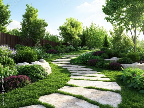 A serene garden pathway winding through lush greenery and vibrant flowers under a clear blue sky.