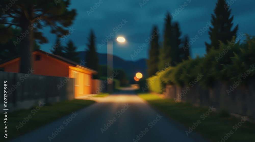 A night scene with a lamp post illuminating the road and an orange house on the left. Trees and mountains are visible in the distance A night scene with a lamp post illuminating the road and an orange house on the left. Trees and mountains are visible in the distance