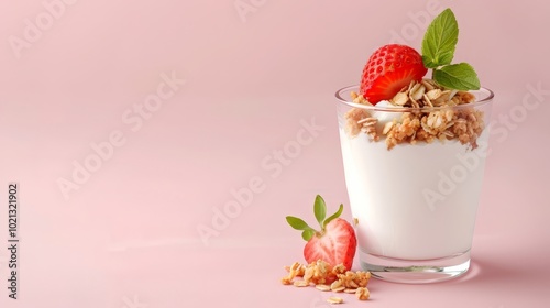 Strawberry yogurt parfait with granola, light pastel background