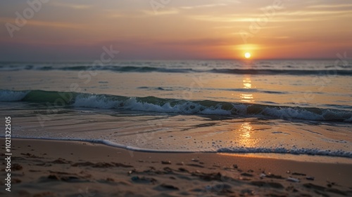 A beautiful sunset over the ocean with waves crashing on the sandy shore.