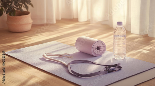 Minimalistisches Fitness-Setup mit einer Yoga-Matte, Resistance-Bändern und einer Wasserflasche im sanftem Morgenlicht