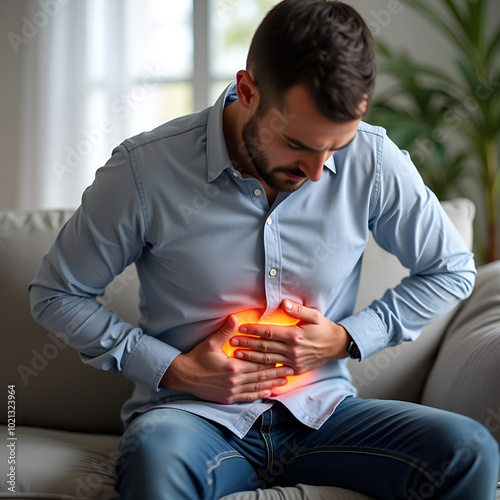 Man in Casual Clothes Sitting on Couch Experiencing Stomach Discomfort