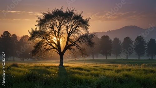 A lone tree stands silhouetted against a vibrant sunrise, casting a long shadow across a grassy field. The sun peeks through the branches, creating a stunning display of light and shadow.