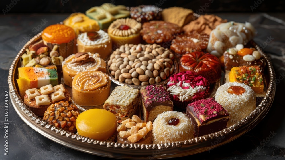 A beautifully arranged platter of traditional Indian sweets and snacks, featuring ladoos, burfi, and dry fruit-based confections, perfect for a festive celebration or family gathering
A beautifully arranged platter of traditional Indian sweets and snacks, featuring ladoos, burfi, and dry fruit-based confections, perfect for a festive celebration or family gathering