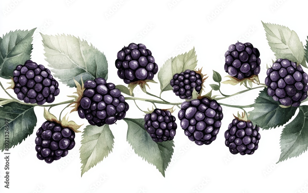 A delicate watercolor illustration of blackberries with green leaves, depicting their natural beauty and vibrant colors. A delicate watercolor illustration of blackberries with green leaves, depicting their natural beauty and vibrant colors.