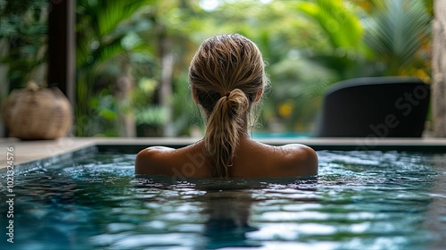 Woman Relaxing in a Swimming Pool with Tropical Greenery in the Background