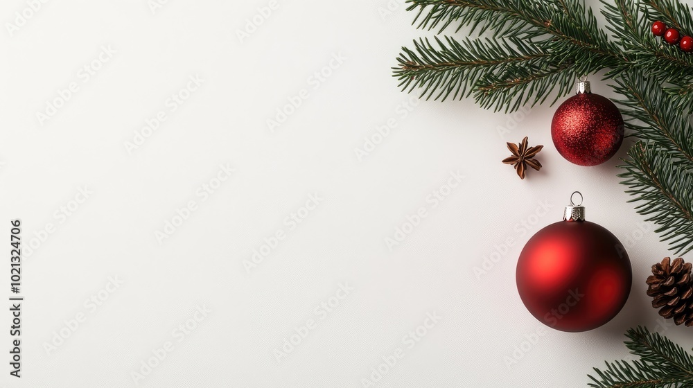 This elegant Christmas tree branch features a bright red ornament, enhancing its festive appeal against a pristine white background, perfect for holiday decorations This elegant Christmas tree branch features a bright red ornament, enhancing its festive appeal against a pristine white background, perfect for holiday decorations