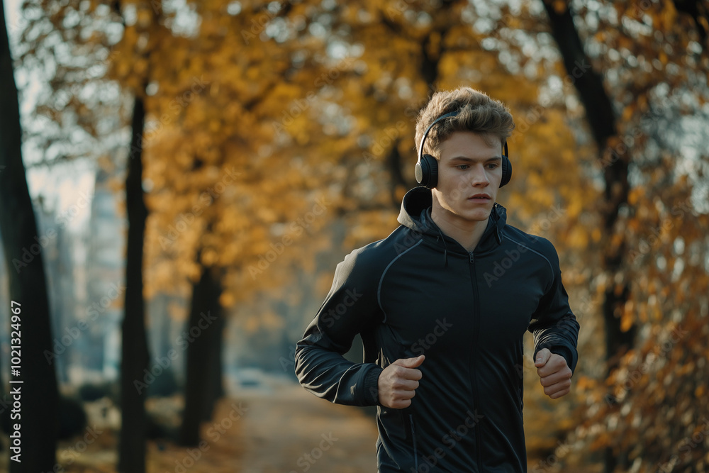 Focused Young Man Running with Headphones in Park, Practicing for Marathon Focused Young Man Running with Headphones in Park, Practicing for Marathon