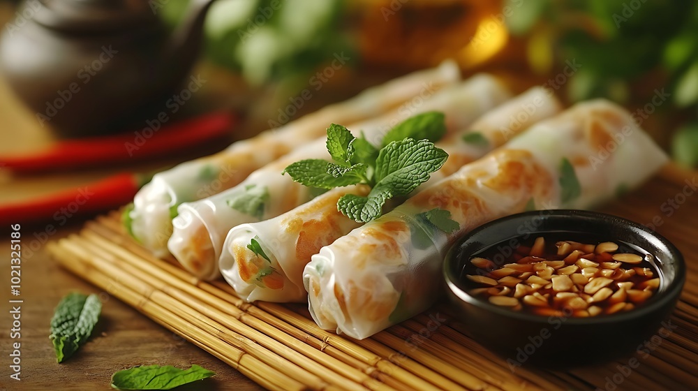 A beautifully arranged shot of fresh Vietnamese spring rolls on a bamboo mat, garnished with fresh mint and cilantro, served with a small bowl of hoisin-peanut dipping sauce. A beautifully arranged shot of fresh Vietnamese spring rolls on a bamboo mat, garnished with fresh mint and cilantro, served with a small bowl of hoisin-peanut dipping sauce.