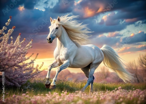 The magnificent white stallion bounds through a blossoming field, its mane flowing gracefully in the wind, celebrating the exquisite beauty found in natureâ€™s wonders.