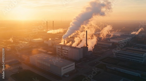 Industrial Complex at Sunset with Smoke Plumes photo