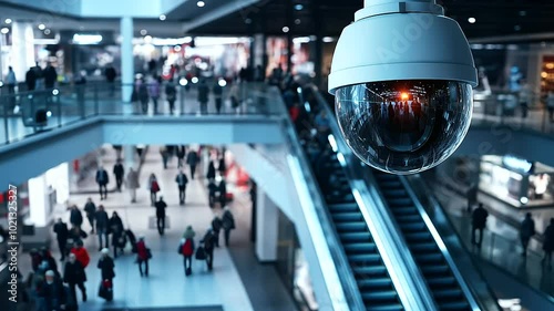 A CCTV camera installed in a large shopping mall, monitoring crowds of shoppers and various retail stores, with escalators in the background