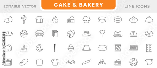 Cake and Bakery line icon set. Containing meals, restaurants, dishes, bread, cupcake, pancake, donut, cake, pudding, biscuit, cookies, hamburger, pizza, sandwich, hot dog line icon set. Ui thin lin